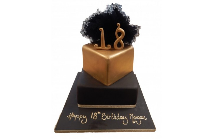 Tiered Black & Gold Cake with Feathers & Number